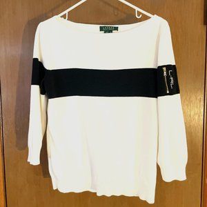 Lauren by Ralph Lauren White Cotton Boatneck w/ Black Stripe - Women's Sz  M